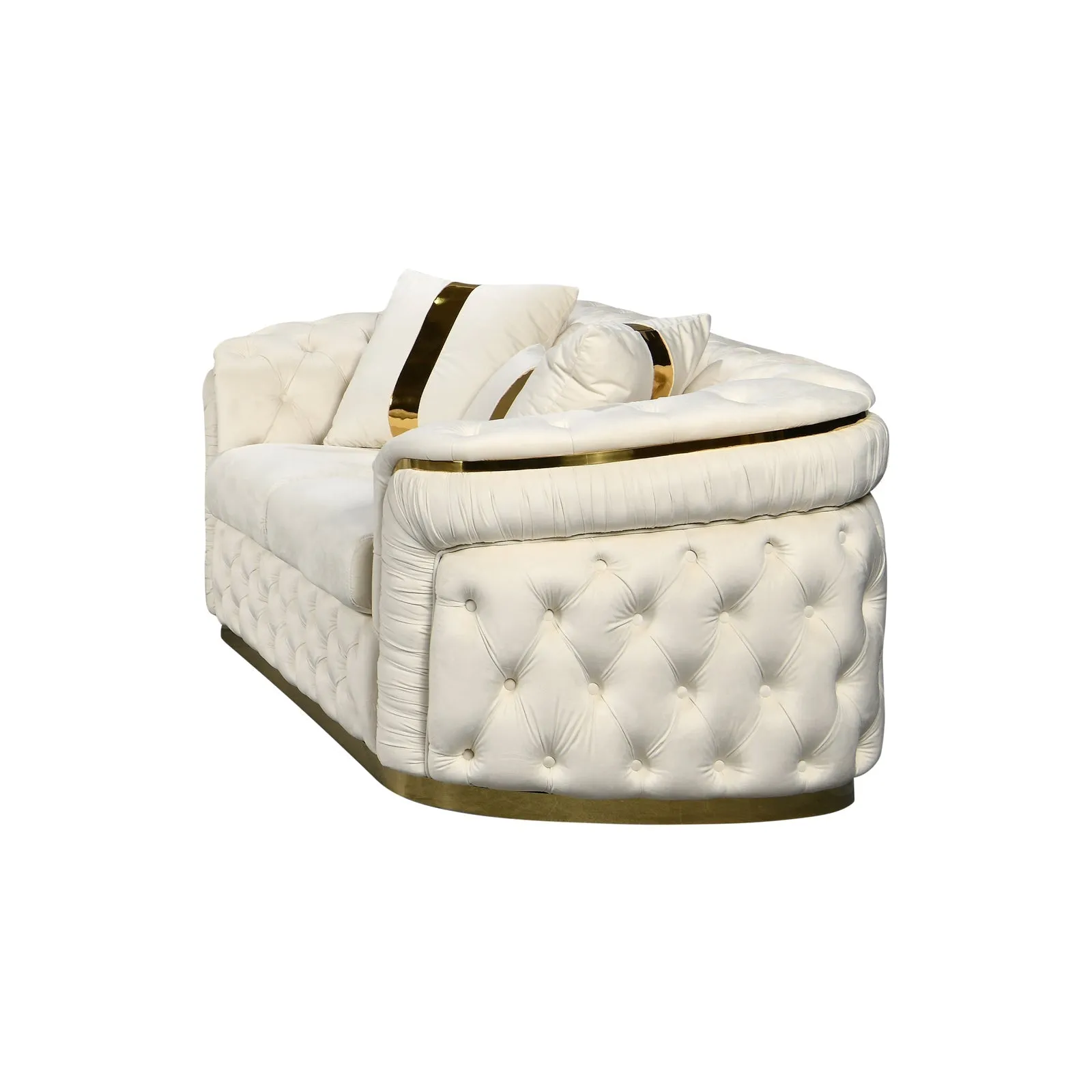 2 Seater Sofa | Beige Velvet Fabric | Solid Wood Construction | Gold Stainless Steel Trim