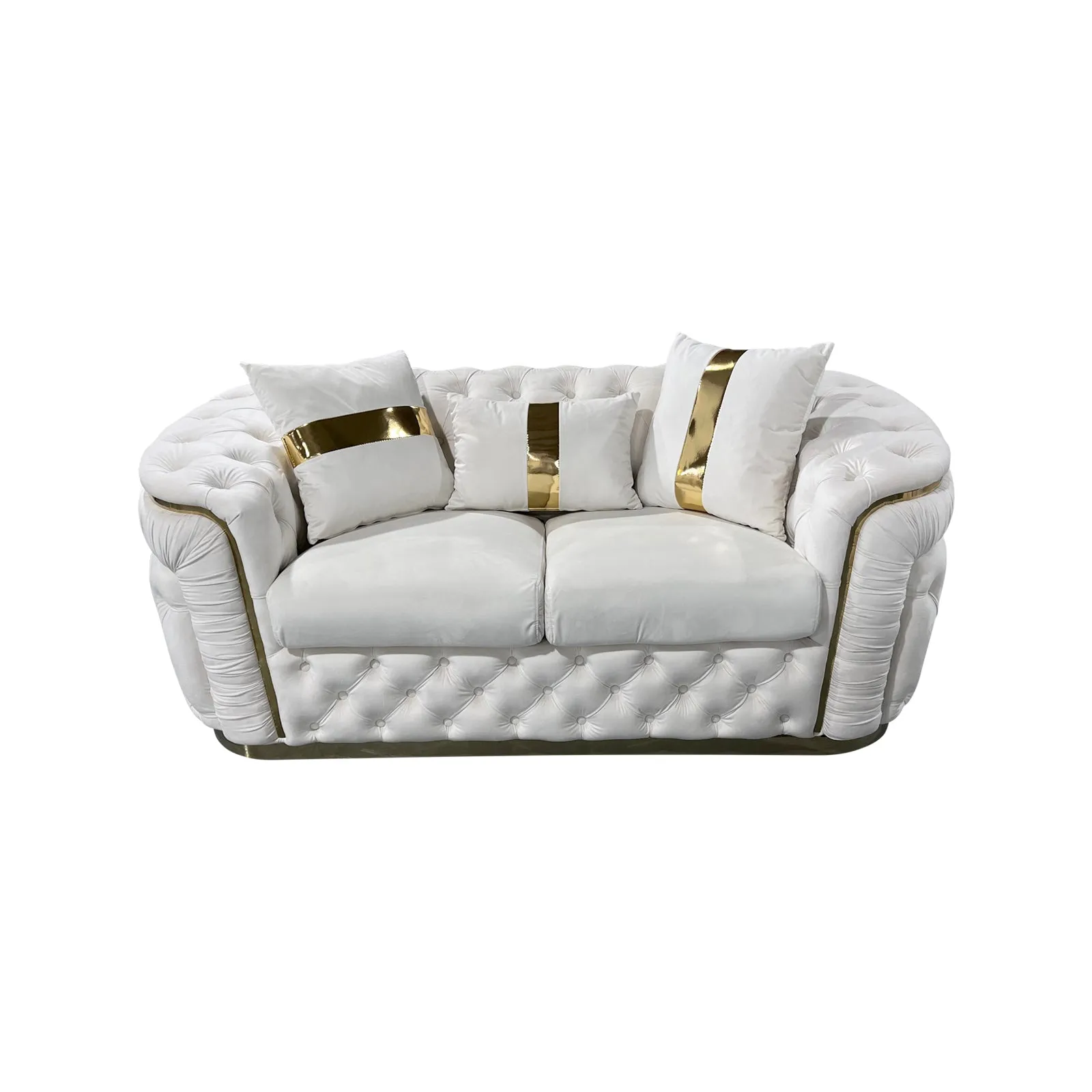 2 Seater Sofa | Beige Velvet Fabric | Solid Wood Construction | Gold Stainless Steel Trim