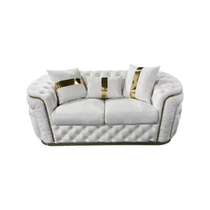 2 Seater Sofa | Beige Velvet Fabric | Solid Wood Construction | Gold Stainless Steel Trim