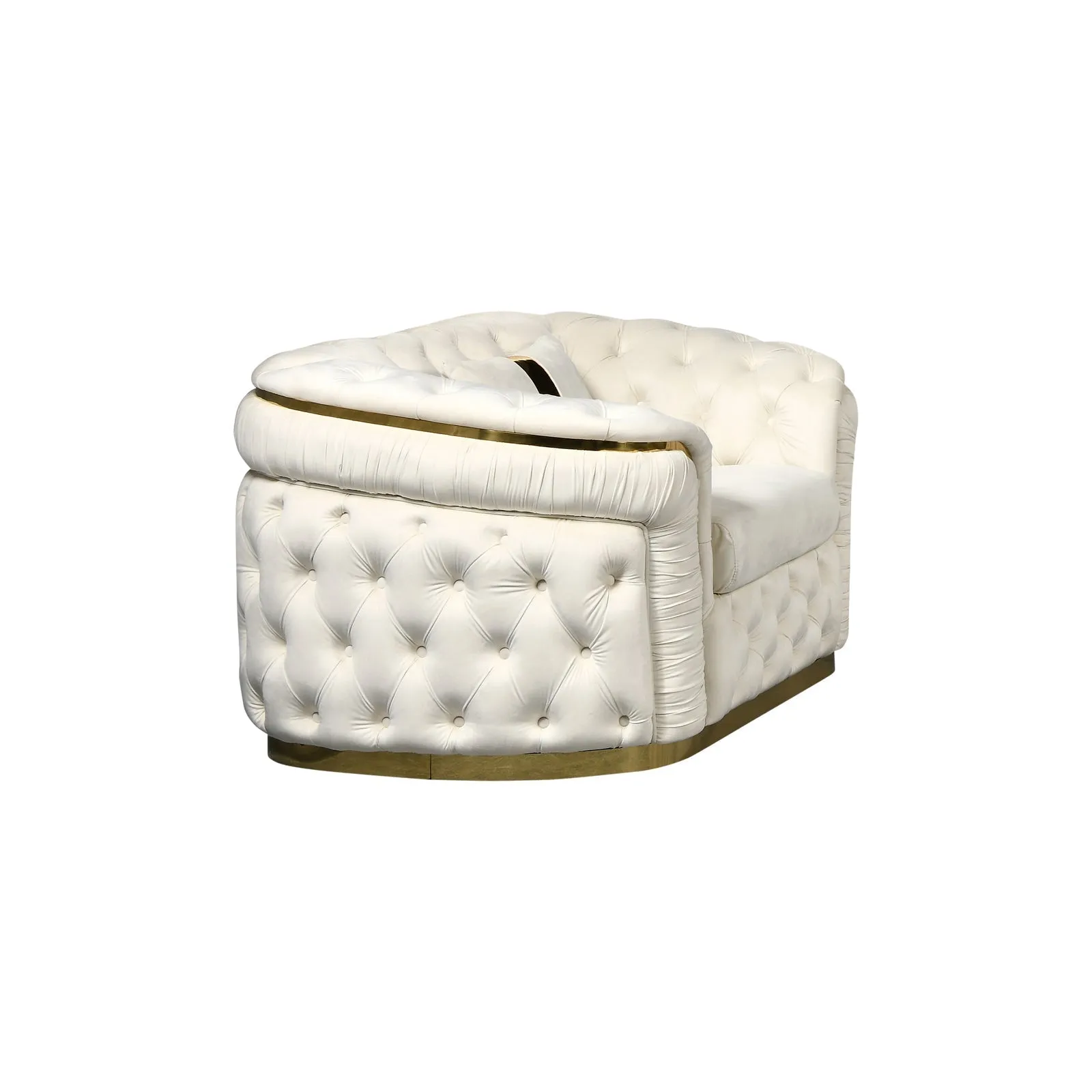 2 Seater Sofa | Beige Velvet Fabric | Solid Wood Construction | Gold Stainless Steel Trim