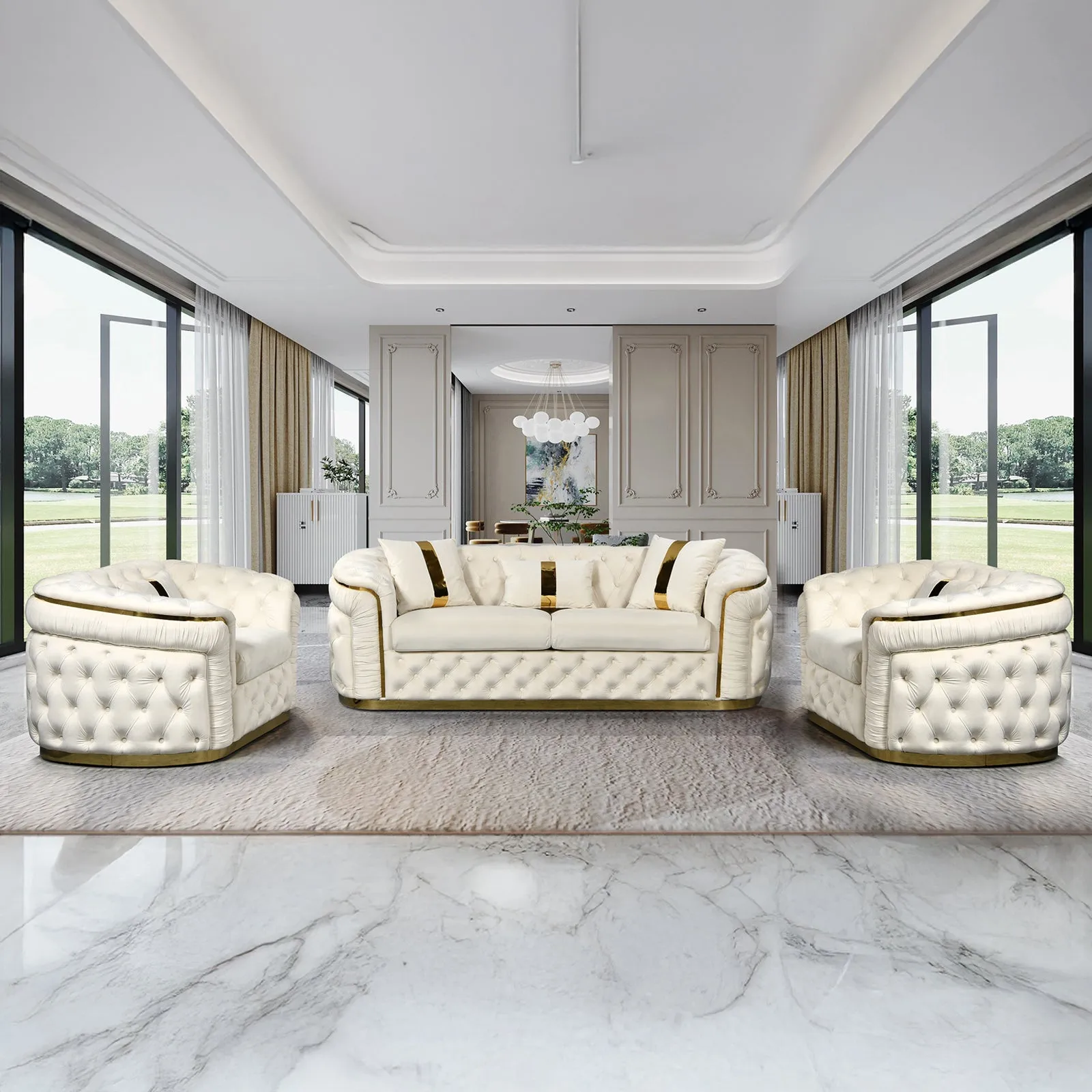 3-1-1 Seater Sofa Set | Beige Velvet Fabric | Solid Wood Construction | Gold Stainless Steel Trim
