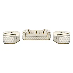 3-1-1 Seater Sofa Set | Beige Velvet Fabric | Solid Wood Construction | Gold Stainless Steel Trim