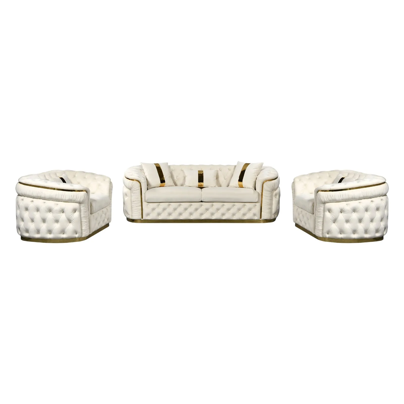 3-1-1 Seater Sofa Set | Beige Velvet Fabric | Solid Wood Construction | Gold Stainless Steel Trim