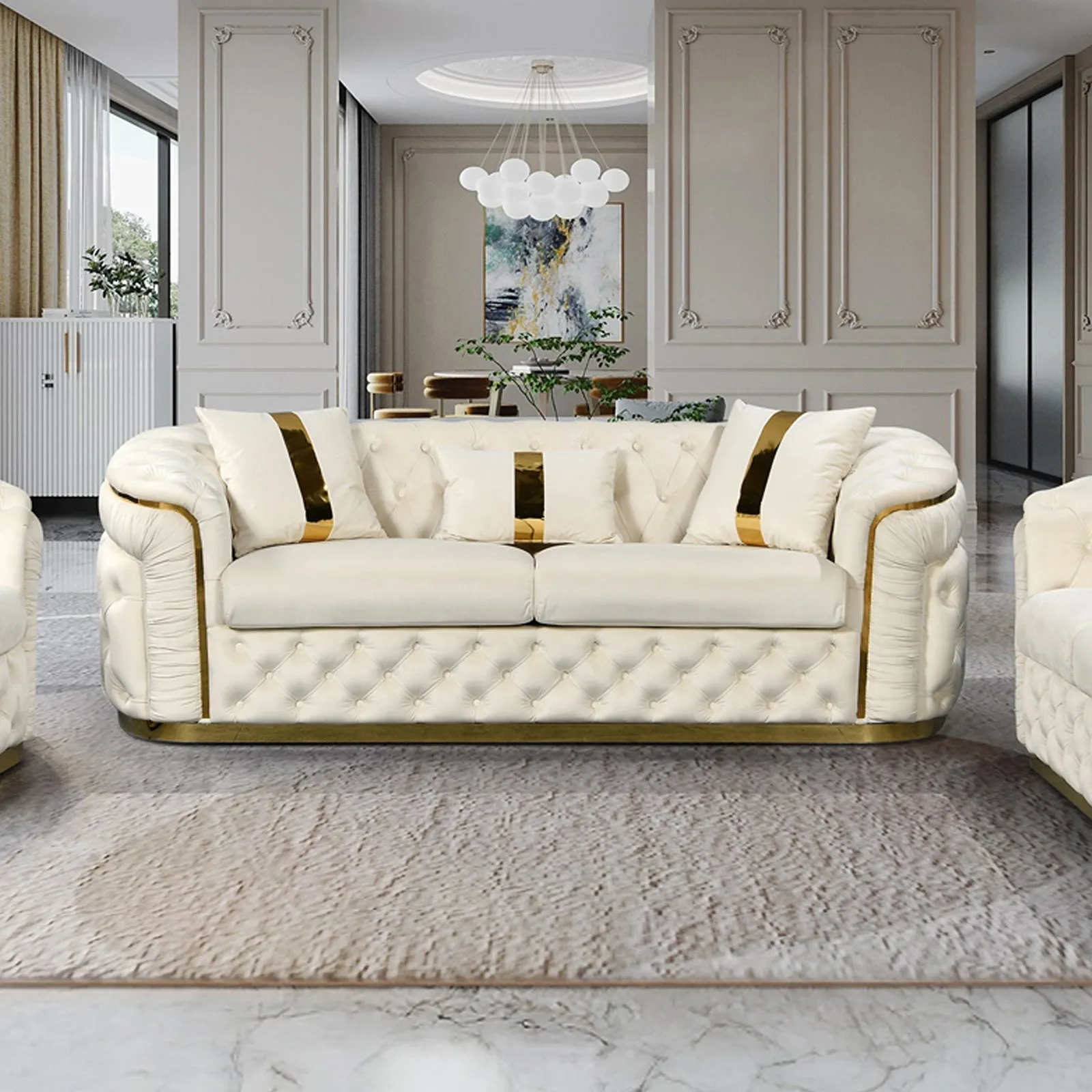 3-1-1 Seater Sofa Set | Beige Velvet Fabric | Solid Wood Construction | Gold Stainless Steel Trim