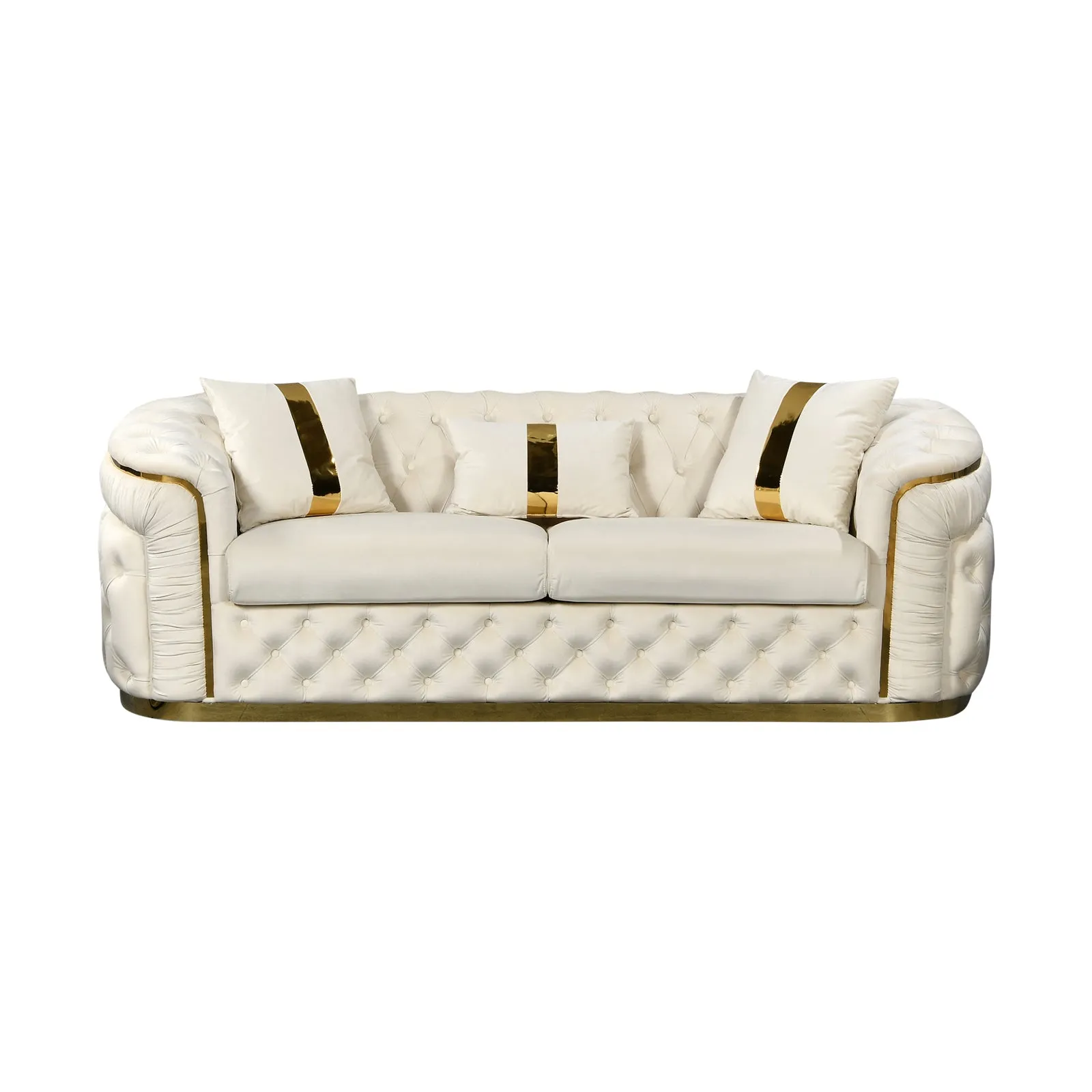 3-1-1 Seater Sofa Set | Beige Velvet Fabric | Solid Wood Construction | Gold Stainless Steel Trim