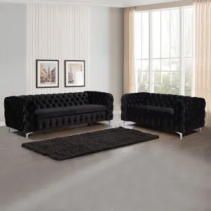 3 2 Seater Black Velvet Fabric Sofa Lounge With Metal Legs