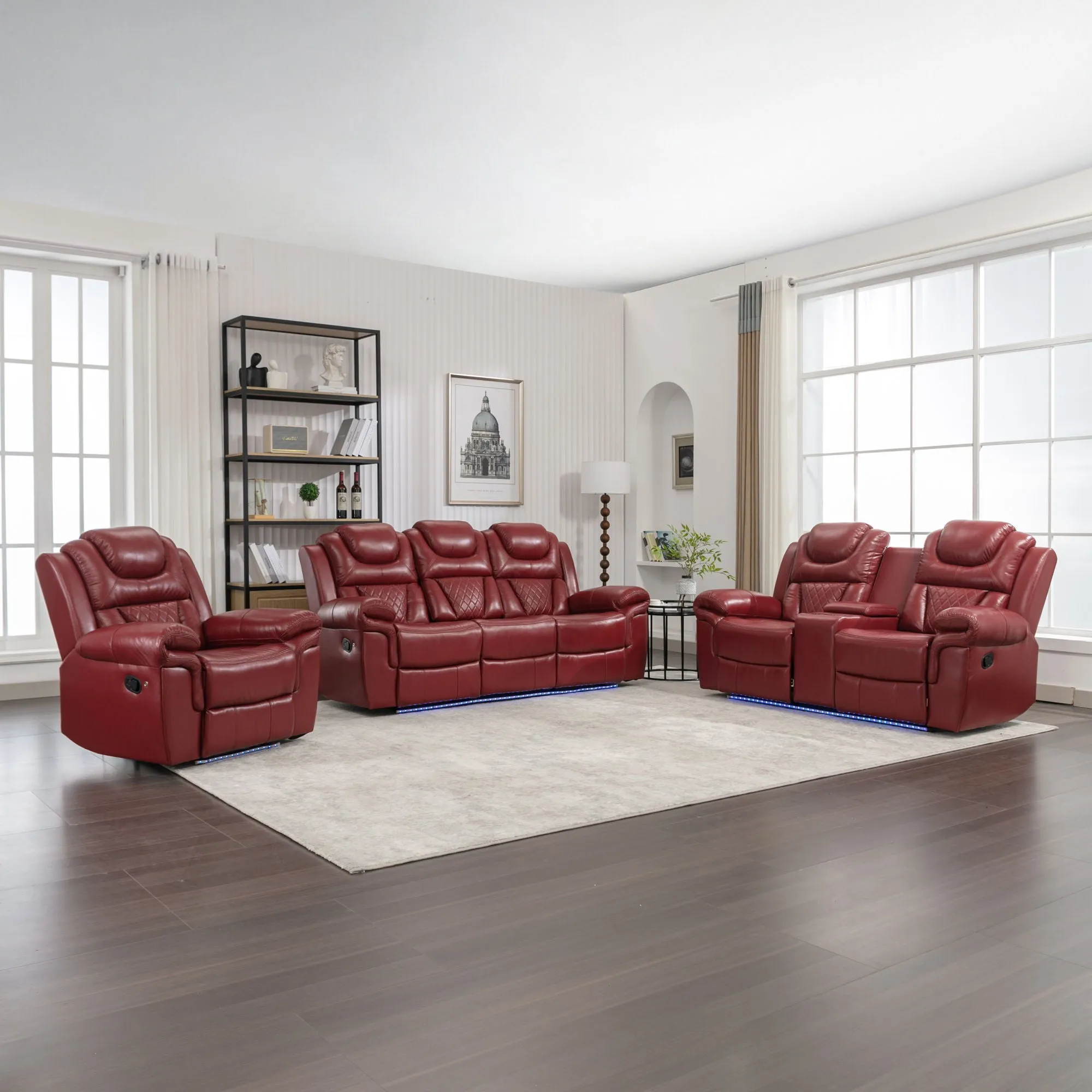 3 Pieces Recliner Sofa Sets Home Theater Seating Manual Recliner Chair With Center Console And Led Light Strip For Living Room by Couch.com