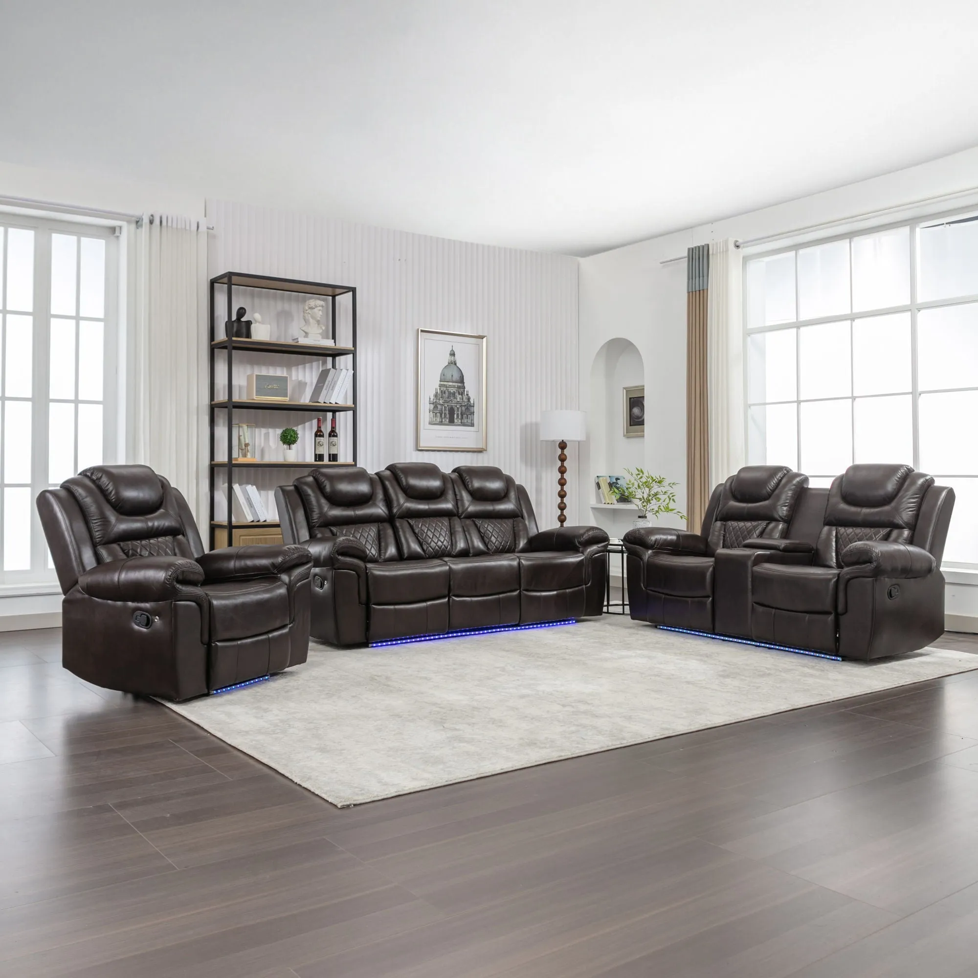 3 Pieces Recliner Sofa Sets Home Theater Seating Manual Recliner Chair With Center Console And Led Light Strip For Living Room by Couch.com
