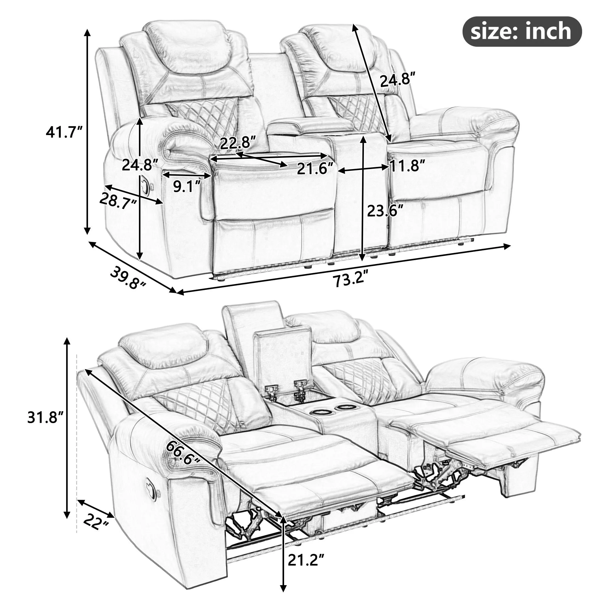 3 Pieces Recliner Sofa Sets Home Theater Seating Manual Recliner Chair With Center Console And Led Light Strip For Living Room by Couch.com
