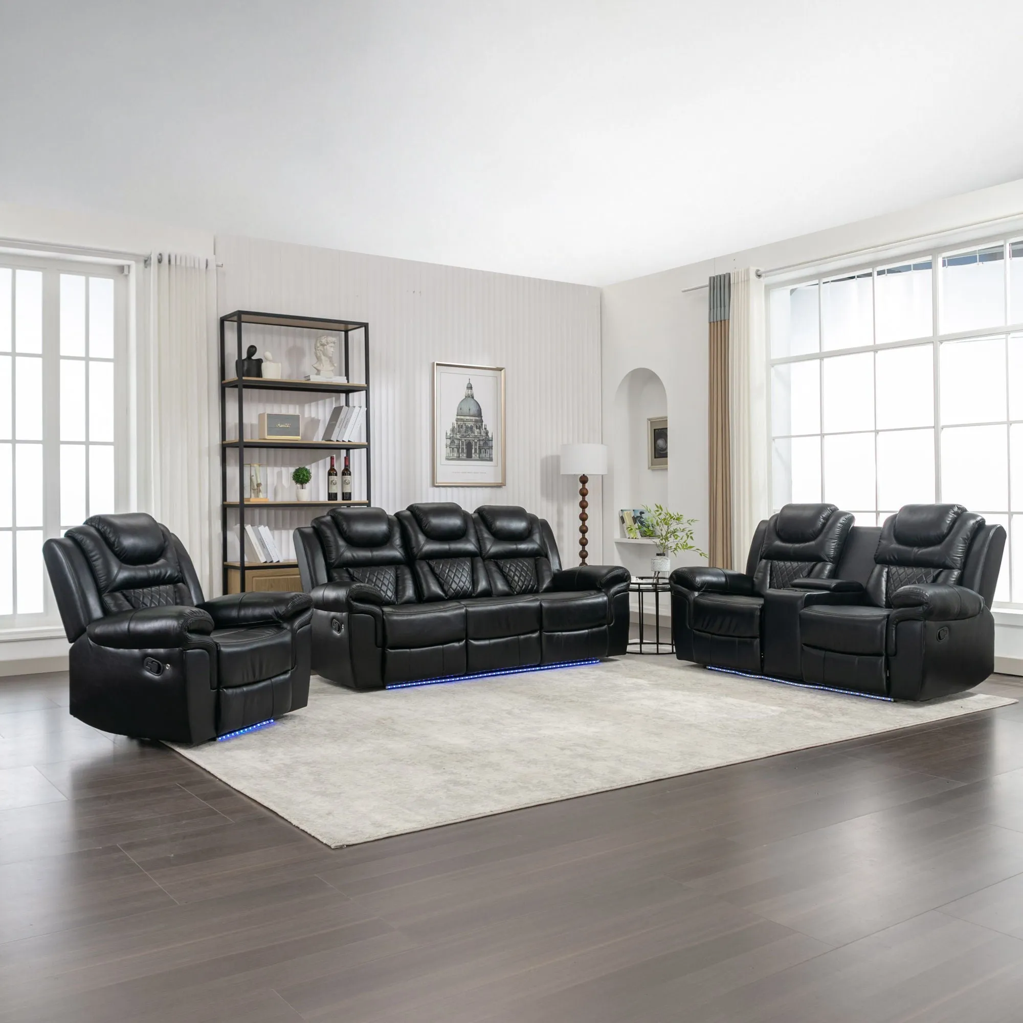 3 Pieces Recliner Sofa Sets Home Theater Seating Manual Recliner Chair With Center Console And Led Light Strip For Living Room by Couch.com