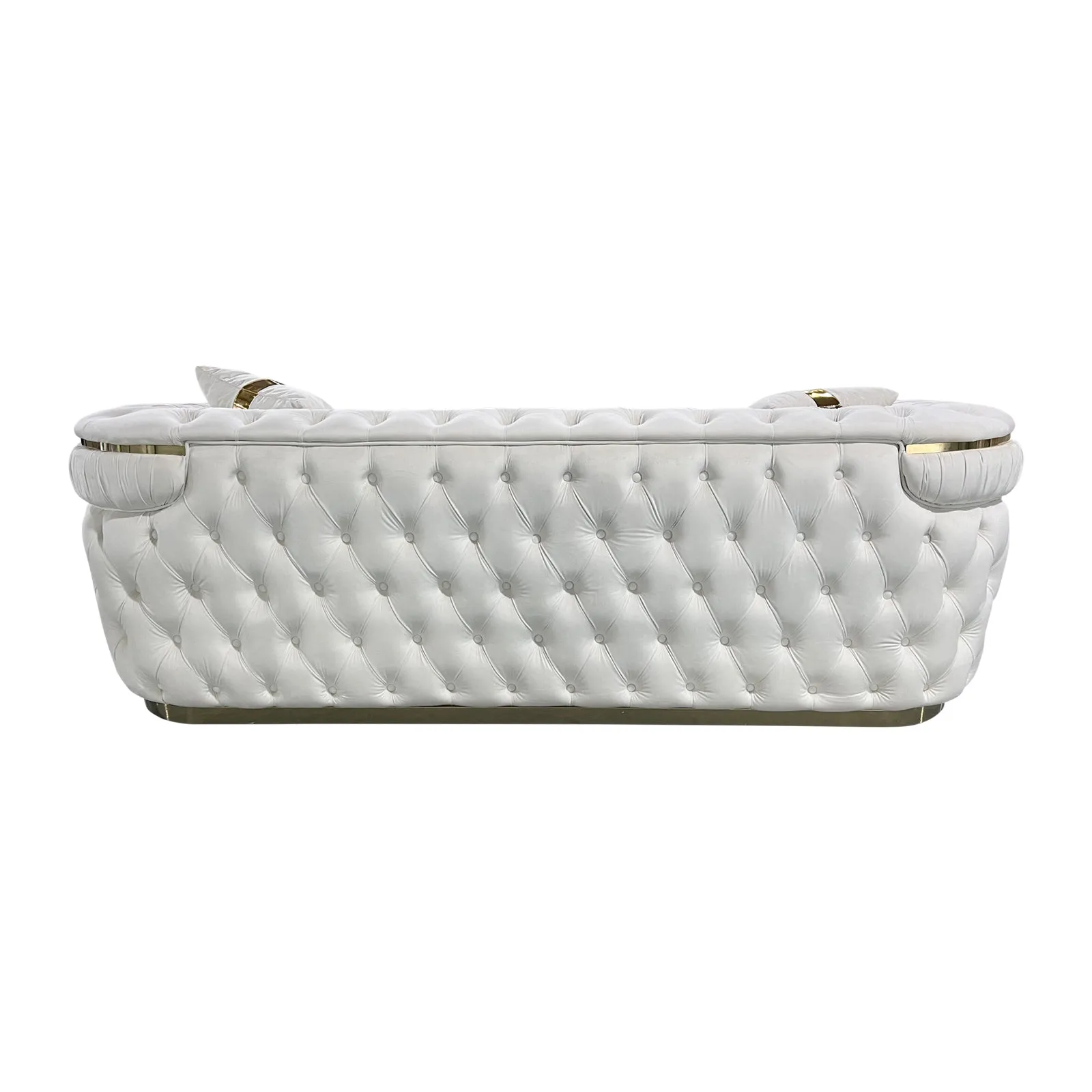 3 Seater Sofa | Beige Velvet Fabric | Solid Wood Construction | Gold Stainless Steel Trim