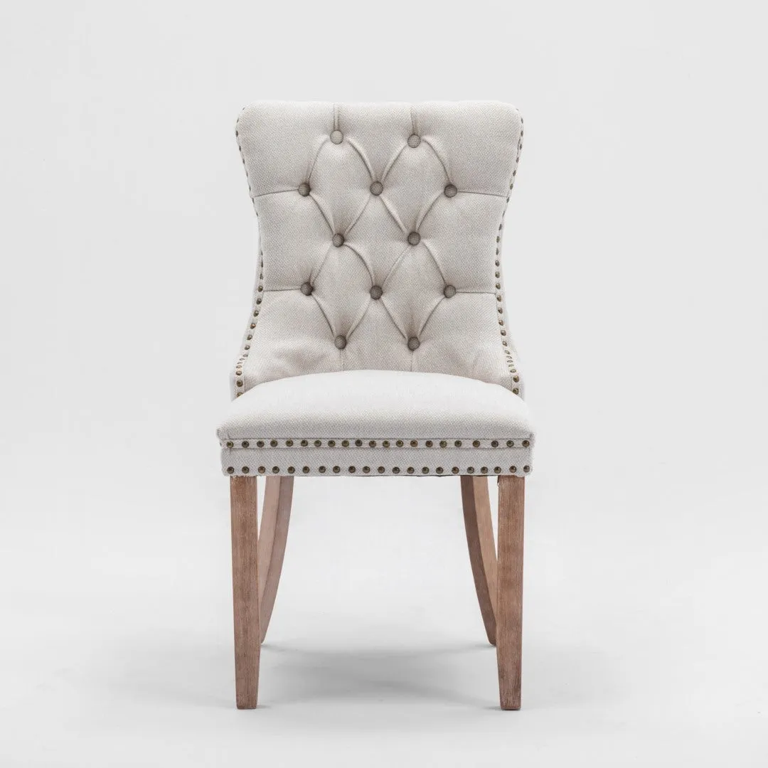 4x AADEN Modern Elegant Button-Tufted Upholstered Fabric | Studs Trim | Wooden Legs | Dining Side Chair | Beige