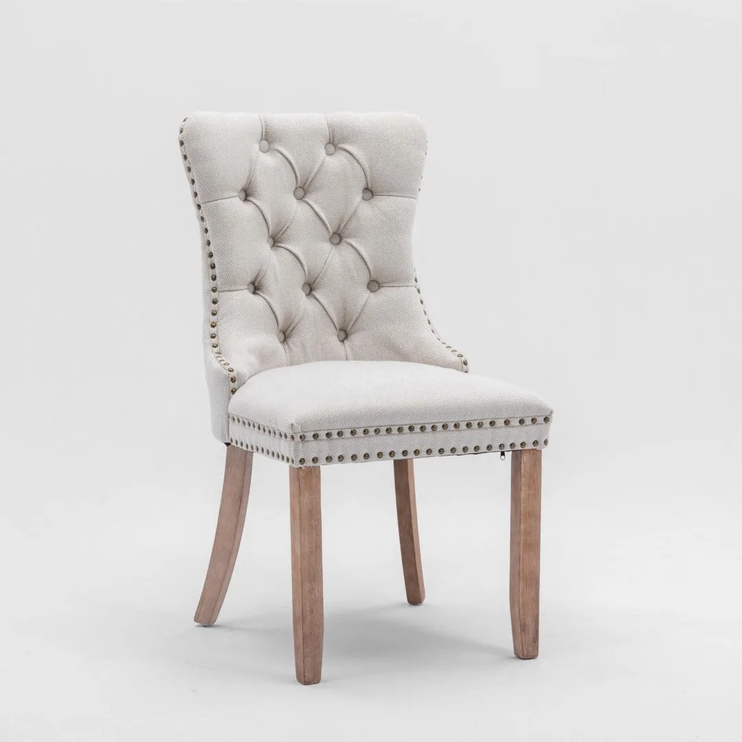 4x AADEN Modern Elegant Button-Tufted Upholstered Fabric | Studs Trim | Wooden Legs | Dining Side Chair | Beige