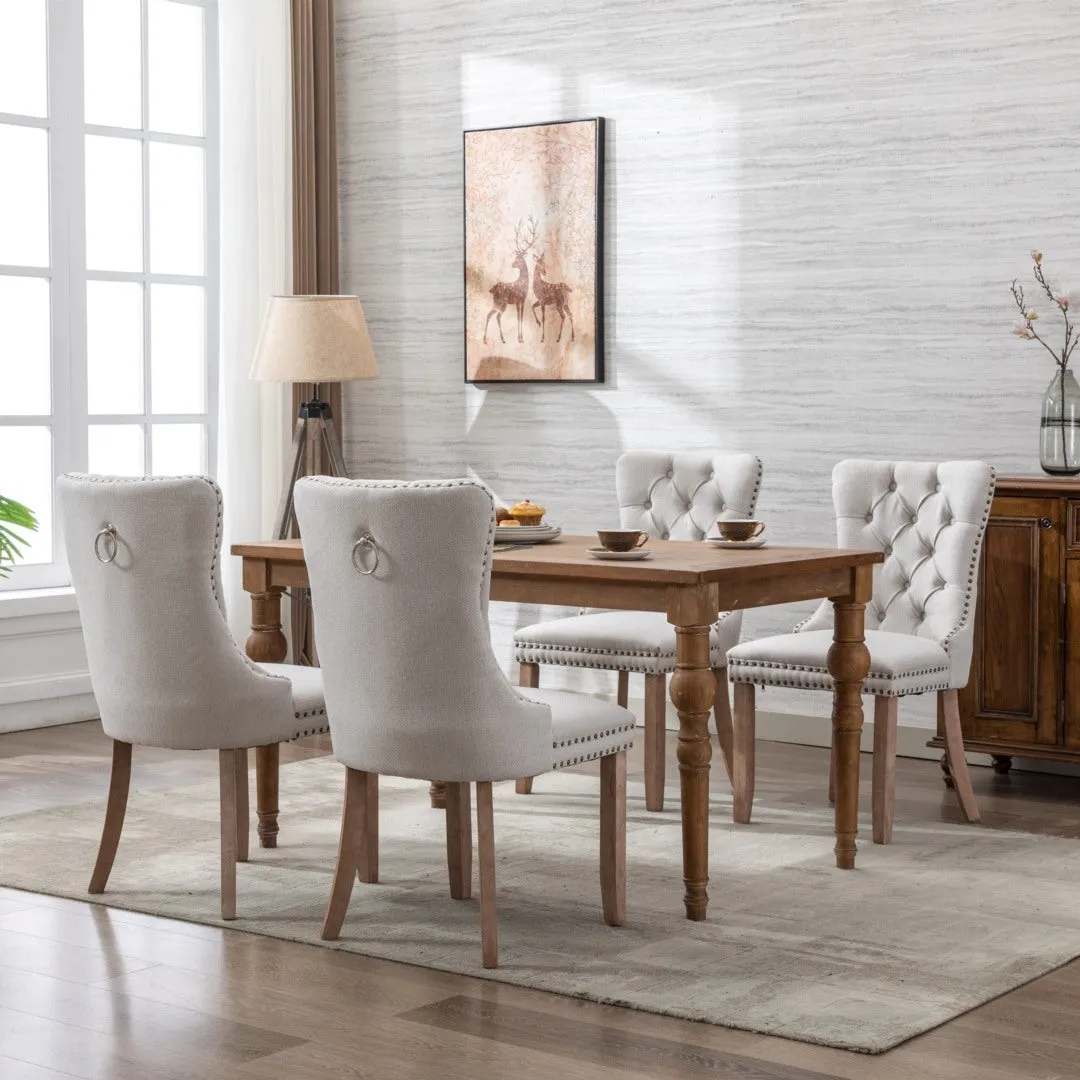 4x AADEN Modern Elegant Button-Tufted Upholstered Fabric | Studs Trim | Wooden Legs | Dining Side Chair | Beige
