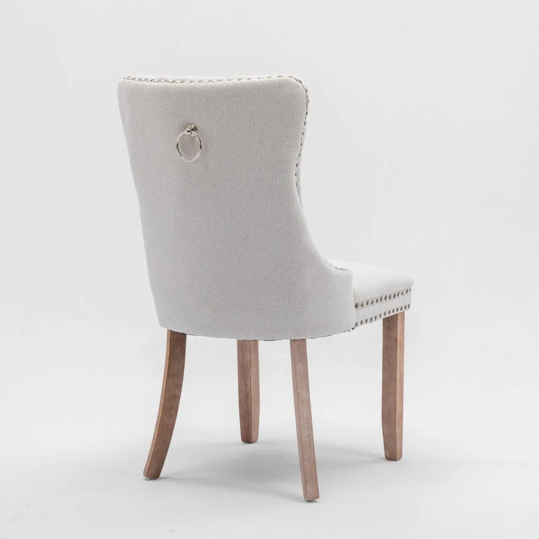 4x AADEN Modern Elegant Button-Tufted Upholstered Fabric | Studs Trim | Wooden Legs | Dining Side Chair | Beige