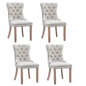 4x AADEN Modern Elegant Button-Tufted Upholstered Fabric | Studs Trim | Wooden Legs | Dining Side Chair | Beige