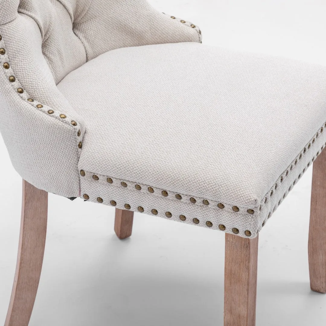4x AADEN Modern Elegant Button-Tufted Upholstered Fabric | Studs Trim | Wooden Legs | Dining Side Chair | Beige