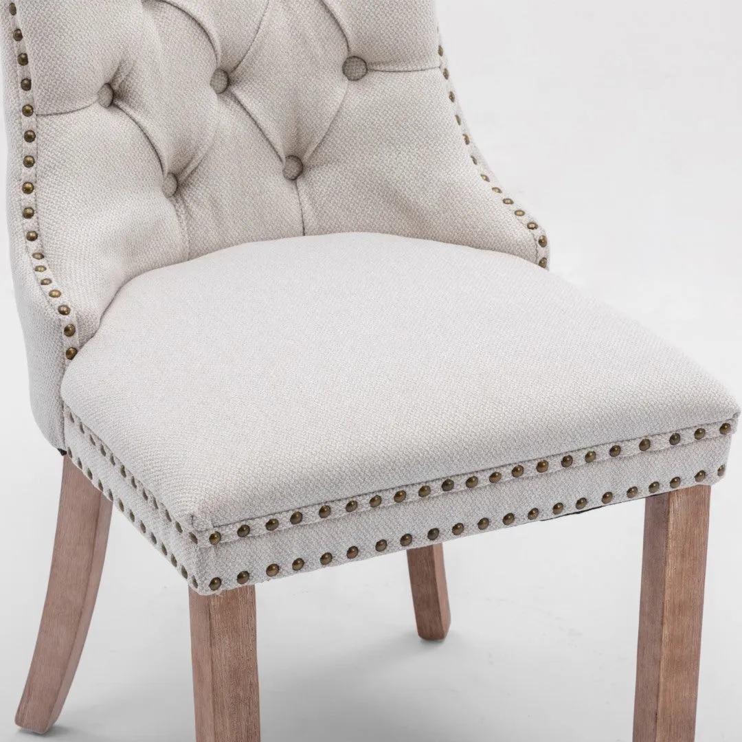 4x AADEN Modern Elegant Button-Tufted Upholstered Fabric | Studs Trim | Wooden Legs | Dining Side Chair | Beige