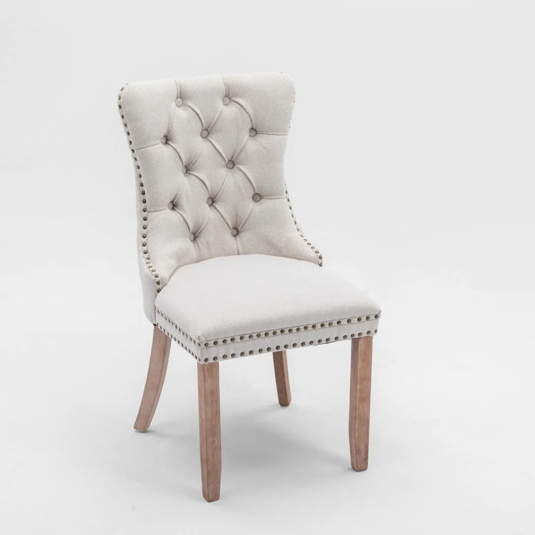4x AADEN Modern Elegant Button-Tufted Upholstered Fabric | Studs Trim | Wooden Legs | Dining Side Chair | Beige