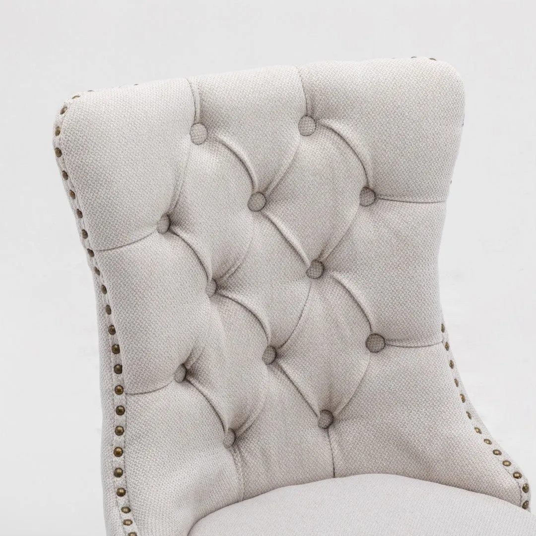 4x AADEN Modern Elegant Button-Tufted Upholstered Fabric | Studs Trim | Wooden Legs | Dining Side Chair | Beige