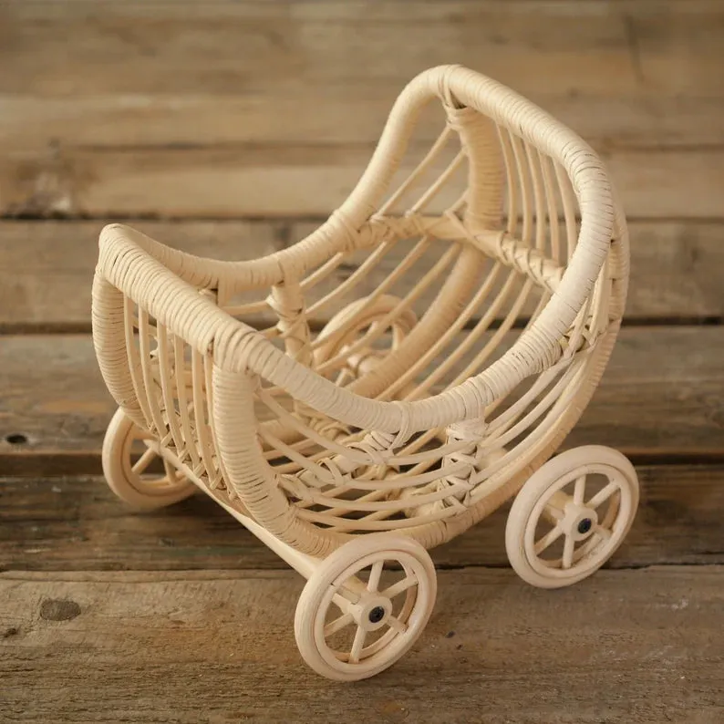 Babymoon Rustic Cane  Stroller with Steady Wheels | Wooden Properties | Baby Photography Props