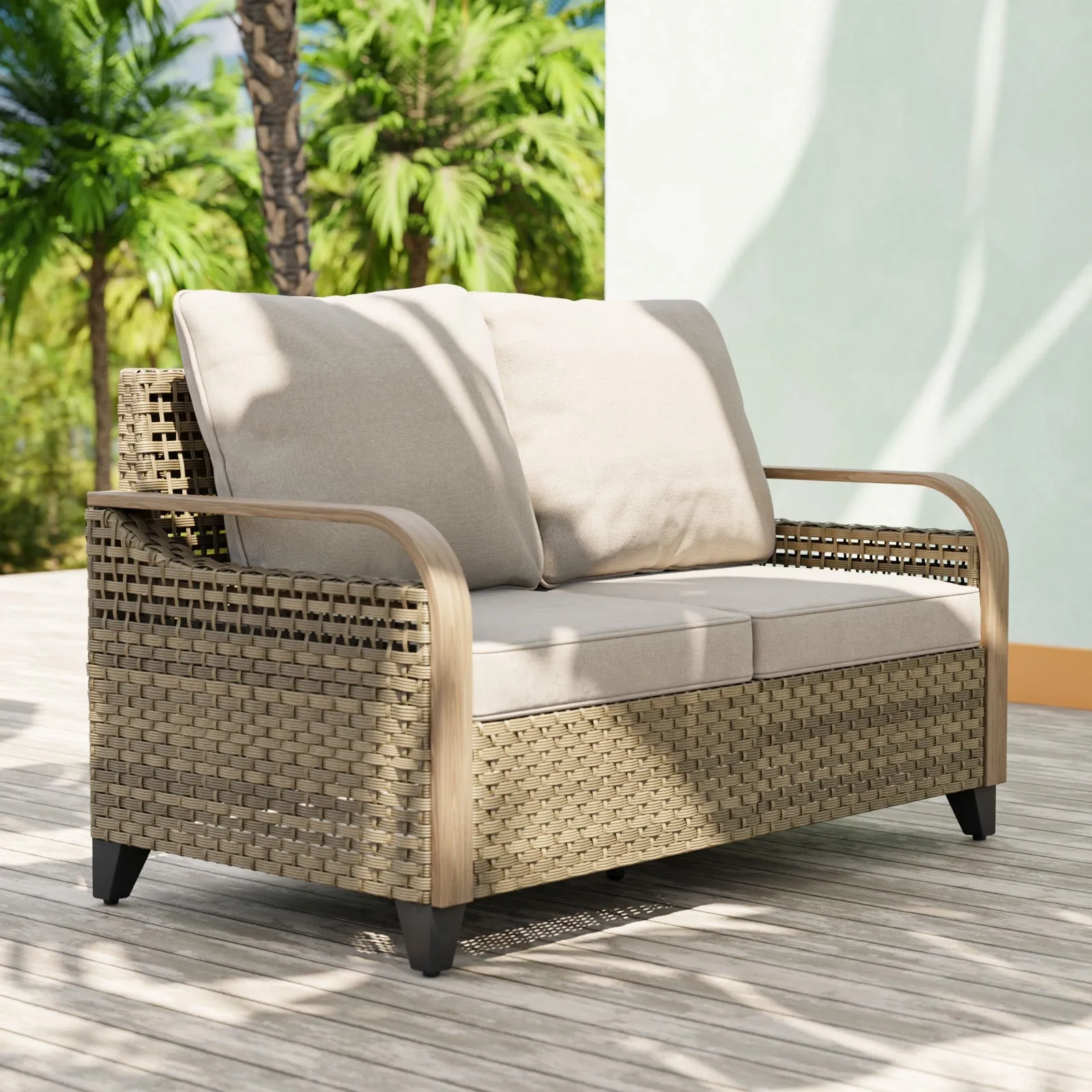 Modern Wicker Outdoor Furniture 2 Seat Loveseat Sofa , Brown/Gray