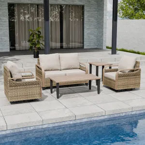 Modern Wicker Outdoor Patio Furniture Set,2 Swivel Rocking Chairs, 2-Seat Loveseat, Coffee Table and Side Table, 5 Pieces, Brown/Gray