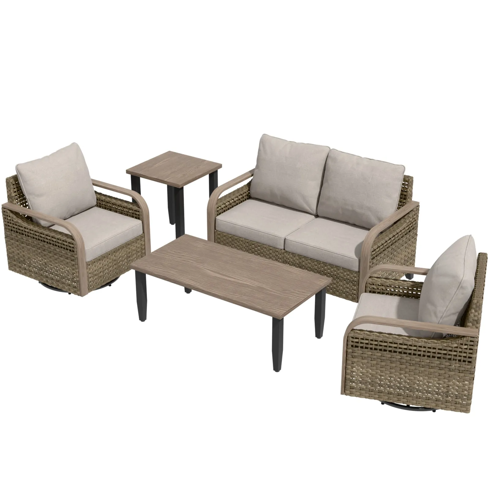 Modern Wicker Outdoor Patio Furniture Set,2 Swivel Rocking Chairs, 2-Seat Loveseat, Coffee Table and Side Table, 5 Pieces, Brown/Gray