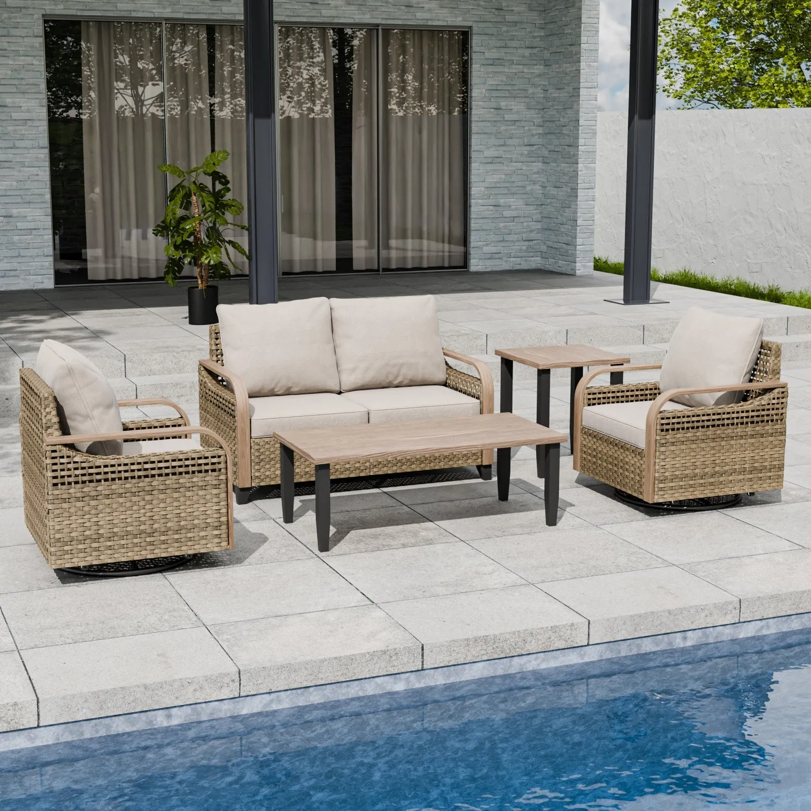 Modern Wicker Outdoor Patio Furniture Set,2 Swivel Rocking Chairs, 2-Seat Loveseat, Coffee Table and Side Table, 5 Pieces, Brown/Gray