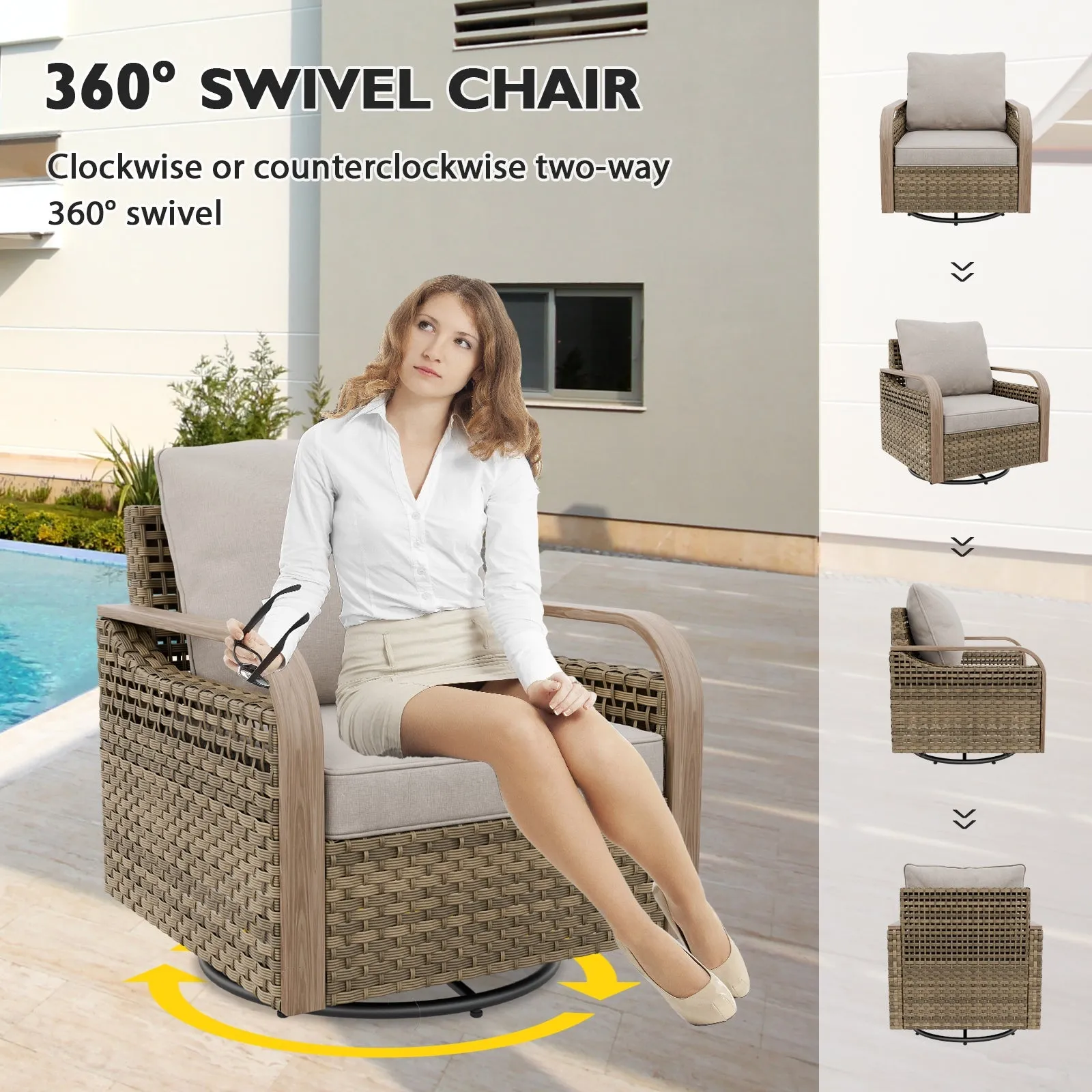 Modern Wicker Outdoor Patio Furniture Set,2 Swivel Rocking Chairs, 2-Seat Loveseat, Coffee Table and Side Table, 5 Pieces, Brown/Gray