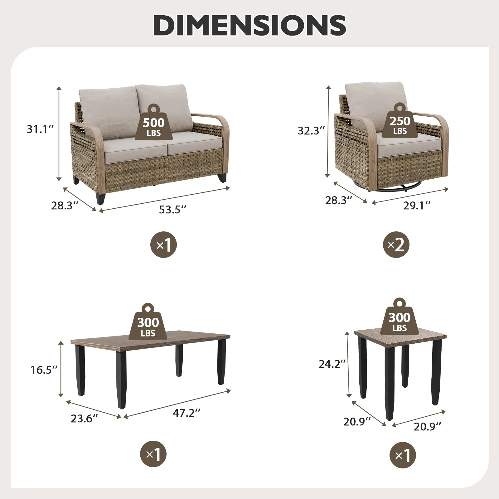 Modern Wicker Outdoor Patio Furniture Set,2 Swivel Rocking Chairs, 2-Seat Loveseat, Coffee Table and Side Table, 5 Pieces, Brown/Gray