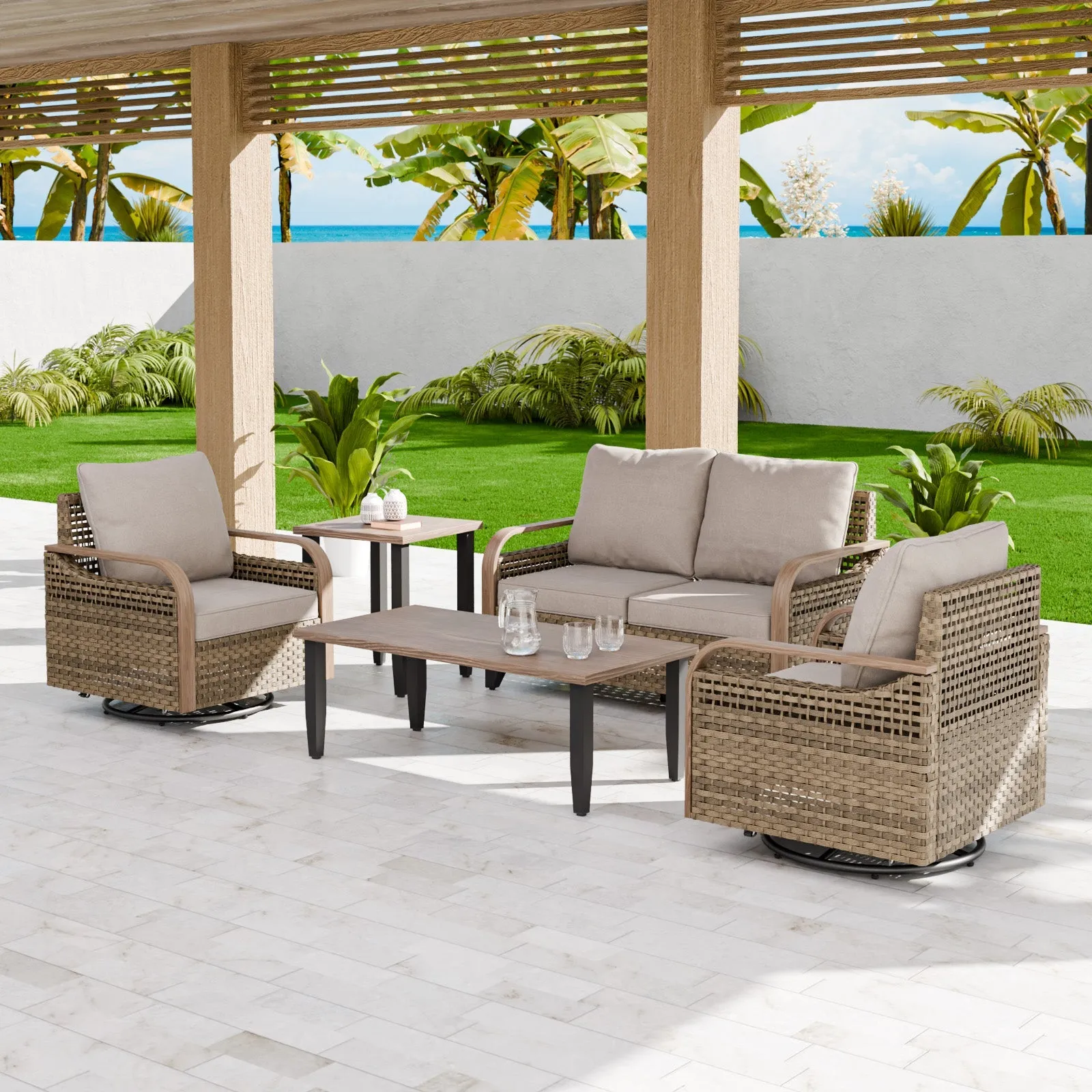 Modern Wicker Outdoor Patio Furniture Set,2 Swivel Rocking Chairs, 2-Seat Loveseat, Coffee Table and Side Table, 5 Pieces, Brown/Gray