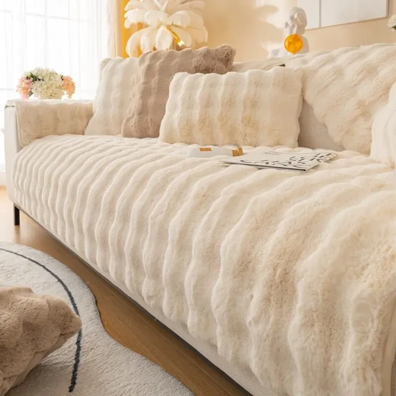 TheWellBeing  Thick Rabbit Plush Sofa Cover - Non-slip, Full Coverage Slipcover