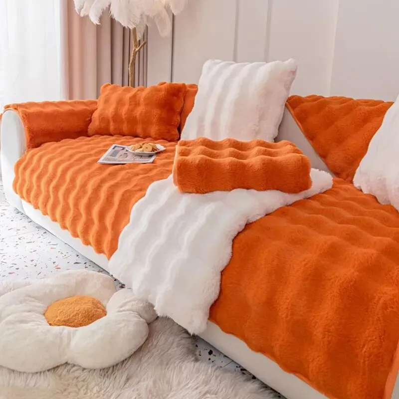TheWellBeing  Thick Rabbit Plush Sofa Cover - Non-slip, Full Coverage Slipcover