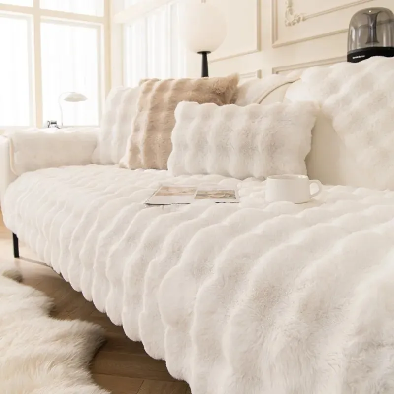 TheWellBeing  Thick Rabbit Plush Sofa Cover - Non-slip, Full Coverage Slipcover