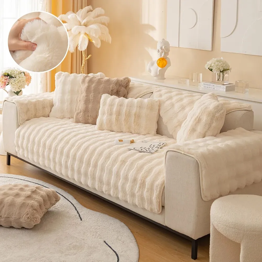 TheWellBeing  Thick Rabbit Plush Sofa Cover - Non-slip, Full Coverage Slipcover