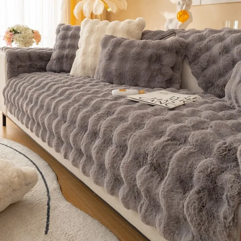 TheWellBeing  Thick Rabbit Plush Sofa Cover - Non-slip, Full Coverage Slipcover