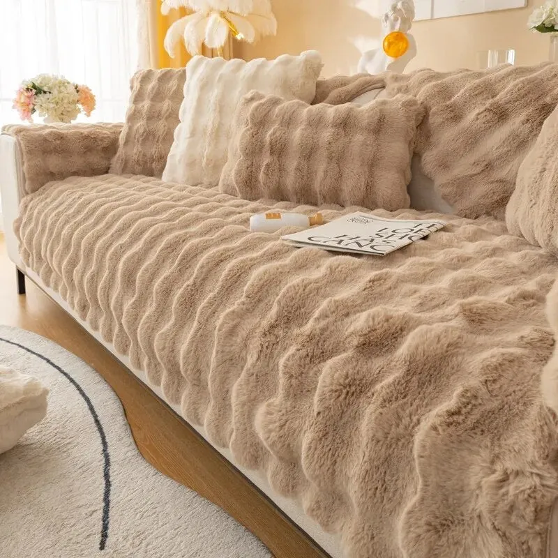 TheWellBeing  Thick Rabbit Plush Sofa Cover - Non-slip, Full Coverage Slipcover